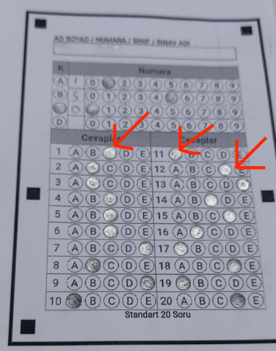Areas indicated by a red arrow appear white due to reflection. Because these fields are white, they will be unreadable and will be considered blank
